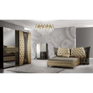 Dormitor Delizia, Negru/Auriu, Pat 160×200 cm, Dulap cu 2 usi, Comoda, 2 Noptiere