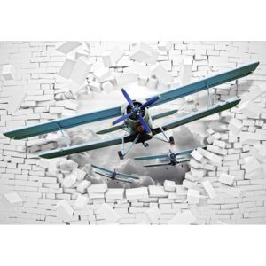 3D Plane Bursting Through Brick Wall Fototapet, (254 x 184 cm)
