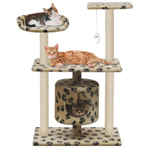 Ansamblu pisici, stâlpi funie sisal, 95 cm imprimeu lăbuțe Bej
