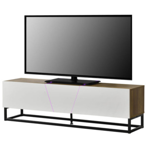 Comoda TV cu LED AANT-0330, 140 x 35 x 41 cm, MDF/metal, cu 2 dulapuri, culoarea lemnului, alb lucios, negru