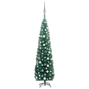Set pom Crăciun artificial subțire LED-uri&globuri verde 180 cm