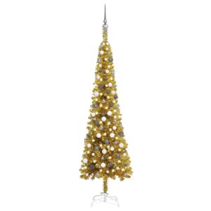 Set pom de Crăciun subțire cu LED-uri și globuri, auriu, 210 cm