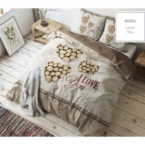 Lenjerie de pat maro cu model lemn și inscripția I Love You 200 x 200 cm 200x200
