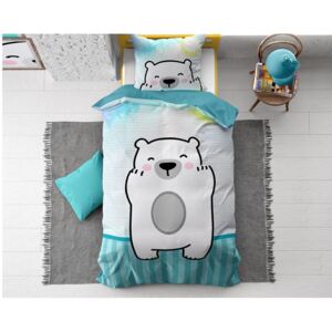 Lenjerie de pat pentru copii alb-albastru cu model de urs 140x200