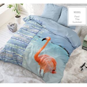 Lenjerie de pat modernă culoarea albastră cu model flamingo 200 x 200 cm 200x200