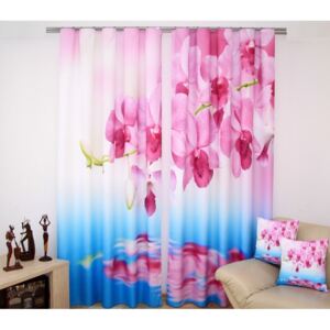 Draperie culoarea alb-albastru cu orhidee roz Lăţime: 160 cm | Lungime: 250 cm (într-un set de 2 bucăți)