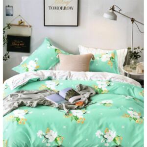 Lenjerie de pat verde cu două fețe, cu flori 4 părți: 1buc 160 cmx200 + 2buc 70 cmx80 + cearșaf de pat