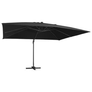 Umbrelă suspendată cu LED și stâlp aluminiu negru 400x300 cm