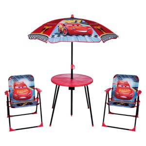 Mobilier de grădină pentru copii – model MAȘINI în roșu și albastru masa + 2 scaune + umbrelă