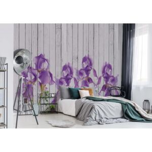 Fototapet - Wood Planks And Purple Flowers Vintage Chic Vliesová tapeta - 368x254 cm