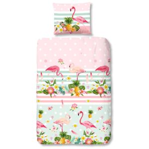Lenjerie de pat din bumbac pentru copii Good Morning Flamingo, 140 x 200 cm
