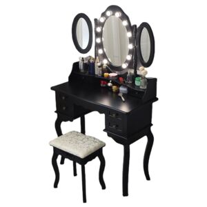 Set Josefina, Masă de toaletă cu 3 oglinzi, iluminare LED, control touch, 6 sertare, scaun, Alb