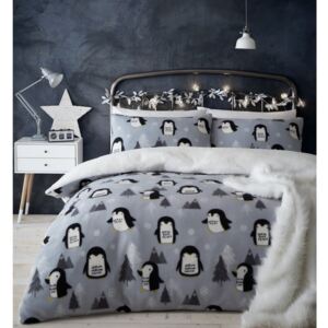 Lenjerie de pat din fleece Catherine Lansfield Penguin, 135 x 200 cm, gri