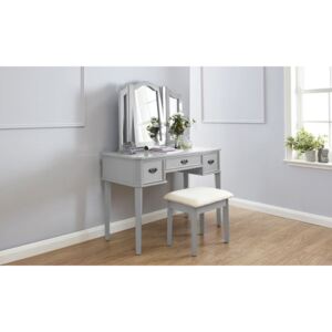 SEG105 - Set Masa Gri toaleta cosmetica machiaj oglinda masuta, scaun, taburet tapitat