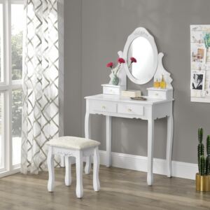 SEA407 - Set Masa alba toaleta cosmetica machiaj oglinda masuta, scaunel taburet tapitat