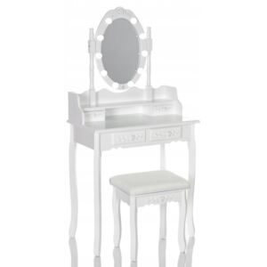 SEA517 - Set Masa alba toaleta, 75 cm, cosmetica machiaj oglinda cu LED, masuta vanity, scaunel, taburet tapitat