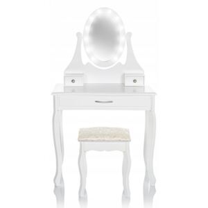 SEA519 - Set Masa alba toaleta, 75 cm, cosmetica machiaj oglinda cu LED, masuta vanity, scaunel, taburet tapitat