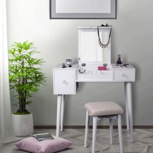 SEA605 - Set Masa toaleta, 80 cm, consola cosmetica machiaj masuta vanity make-up cu oglinda rabatabila si scaun tapitat- Alb