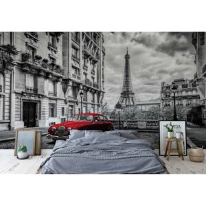 Fototapet - Black And White Red Car Paris Vliesová tapeta - 254x184 cm