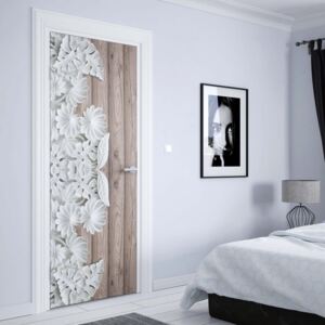 GLIX Tapet netesute pe usă - Vintage Chic 3D Carved White Flowers Wood Plank Texture
