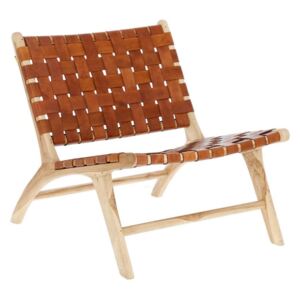 Scaun lounge maro din lemn de tec si piele Calixtra La Forma