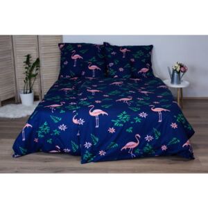 Lenjerie de pat din bumbac Cotton House Flamingo, 140 x 200 cm, albastru închis
