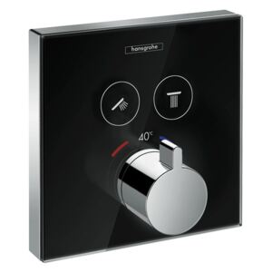 Baterie cada termostatata Hansgrohe Select Glass negru-crom, montaj incastrat, necesita corp ingropat