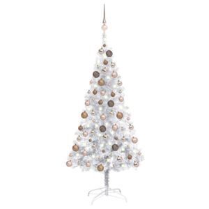 Pom de Crăciun artificial cu LED/globuri, argintiu 120 cm PET