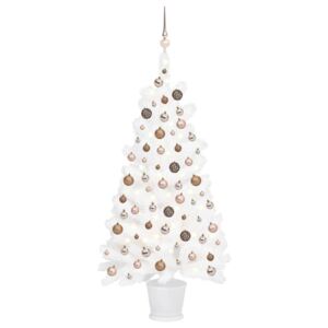 Set brad de Crăciun artificial cu LED-uri/globuri, alb, 65 cm