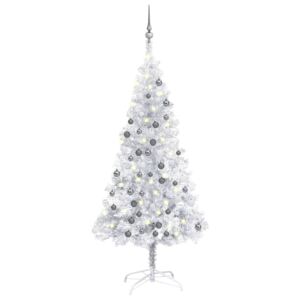 Pom de Crăciun artificial cu LED/globuri, argintiu 120 cm PET