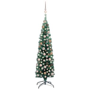 Pom Crăciun artificial subțire, LED-uri&globuri, verde, 120 cm