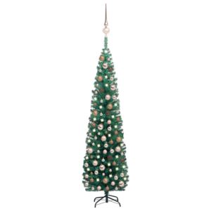 Brad Crăciun artificial subțire LED-uri&globuri, verde, 240 cm