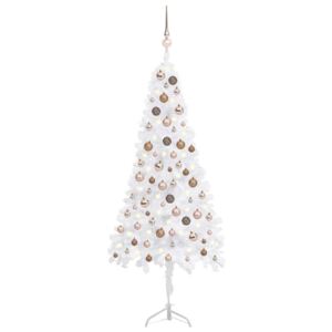 Set brad Crăciun artificial de colț LED&globuri alb 150 cm PVC