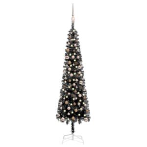 Set pom de Crăciun subțire cu LED-uri și globuri, negru, 210 cm