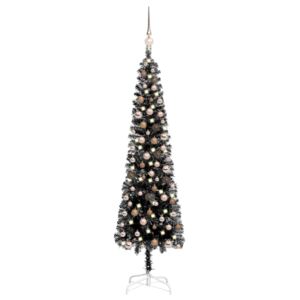 Brad de Crăciun artificial subțire LED-uri&globuri negru 150 cm