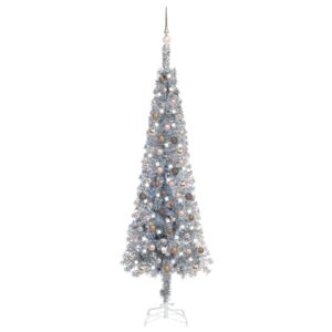 Brad de Crăciun subțire cu LED-uri și globuri, argintiu, 240 cm