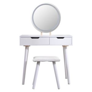 Set Adele, Masă de toaletă pentru machiaj cu oglindă iluminată LED, control touch, 2 sertare, scaun, Alb