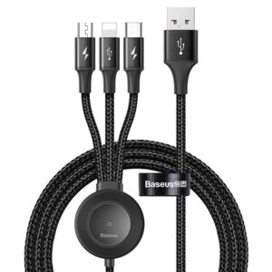 Cablu de date/incarcare 4-in-1, Baseus Star Ring, Incarcator Apple Watch + USB-C + Lightning + MicroUSB, Negru