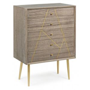 Cabinet din lemn de tec si MDF, cu 5 sertare Filomena Natural / Auriu, l60xA35xH85 cm