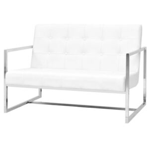 Canapea cu 2 locuri și brațe, piele artificială și oțel, alb