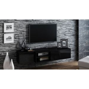 Comoda TV suspendata Sigma 1E, negru mat cu negru lucios, 180x40x35 cm lxAxh