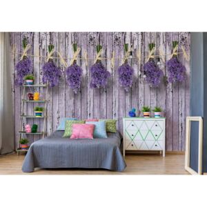 Fototapet - Lavender Bunches On Purple Painted Wood Plank Wall Vintage Style Vliesová tapeta - 254x184 cm