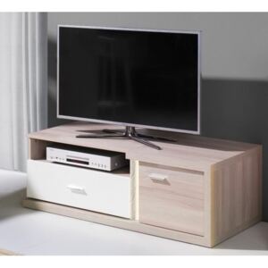Comoda TV cu usa si sertar URBAN UR4, structura din pal laminat, fronturi MDF, culoare stejar sonoma/alb lucios/gri, 120x55x40 LxAxh