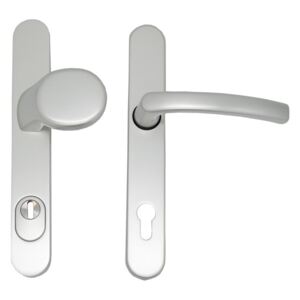 Maner usa exterior cu buton fix KGT35, Blaugelb, PZ 92, lat 35 mm cu scut cilindru, aluminiu, argintiu, fara accesorii de fixare