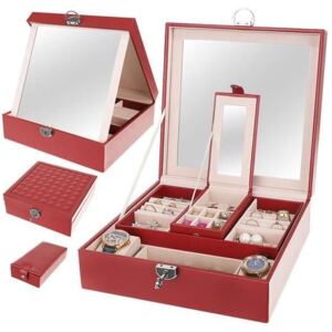 Cutie Caseta Organizatoare cu Oglinda pentru Ceasuri, Bijuterii sau Accesorii, 16 Compartimente, Visiniu