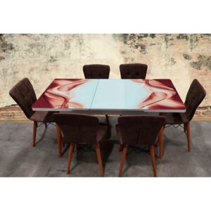 Set masa extensibila picioare lemn, blat sticla securizata +6 scaune tapitate Fusion Homs terracotta-maro 80x 170 cm