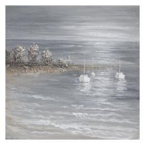 Tablou pictat manual SEASIDE GREY 3 BOATS, 100x100 cm