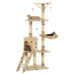 Ansamblu pisici stâlpi funie sisal, 138 cm imprimeu lăbuțe, bej
