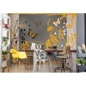 Fototapet - Flowers And Butterflies Modern Design Yellow Vliesová tapeta - 254x184 cm