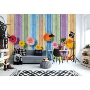Fototapet - Sunny Flowers And Colourful Wood Planks Vliesová tapeta - 312x219 cm